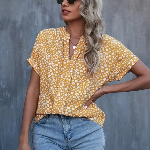 New Floral Print Batwing Sleeve Blouse Yellow - Picture 7 of 7